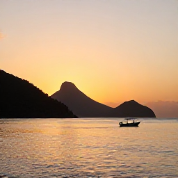 Caribbean Holidays, Montserrat Beach Holidays, Sunset over Montserrat coastline with golden light, calm sea, silhouetted volcanic hills and a small fishing boat