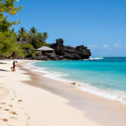 Caribbean Holidays, Montserrat Beach Holidays, Traveller relaxing on a quiet Montserrat beach with turquoise water, volcanic coastline and tropical vegetation in October sunshine