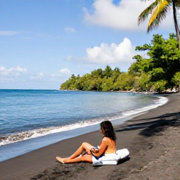 Caribbean Holidays, Montserrat Beach Holidays, Traveller relaxing on a secluded black sand beach in Montserrat beside calm Caribbean sea and tropical vegetation