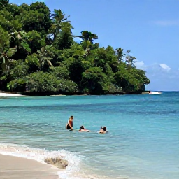Caribbean Holidays, Montserrat Beach Holidays, Traveller relaxing on Rendezvous Bay beach in Montserrat, swimming in clear blue water beside a forested coastline