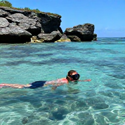 Caribbean Holidays, Montserrat Beach Holidays, Traveller snorkelling in clear Caribbean water off Montserrat, rocky coastline, colourful tropical fish, sunny April morning, realistic travel photography