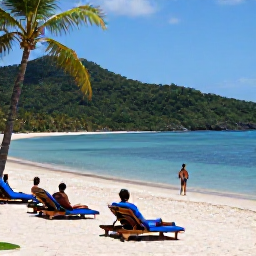 Caribbean Holidays, Montserrat Beach Holidays, Travellers relaxing on a peaceful Montserrat beach, with sun loungers, palm trees, calm blue water and forested hills beyond