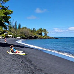 Caribbean Holidays, Montserrat Beach Holidays, Visitors relaxing on a secluded Montserrat beach in June, with dark volcanic sand, calm blue water and tropical vegetation