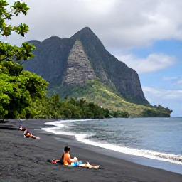 Caribbean Holidays, Montserrat Beach Holidays, Visitors relaxing on black volcanic sand at Woodlands Beach in Montserrat, with calm sea, green tropical vegetation and dramatic coastal scenery