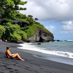 Caribbean Holidays, Montserrat Beach Holidays, Visitors relaxing on black volcanic sand at Woodlands Beach, Montserrat, with lush green cliffs and calm Caribbean waves