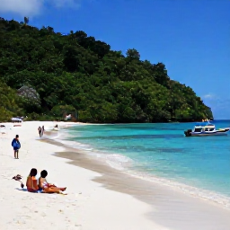 Caribbean Holidays, Montserrat Beach Holidays, Visitors relaxing on Rendezvous Bay in Montserrat, with white sand, turquoise water, forested hills and a small boat offshore