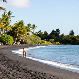 Caribbean Holidays, Montserrat Beach Holidays, Woodlands Beach on Montserrat with volcanic black sand, calm Caribbean water, tropical vegetation and a relaxed couple walking along the shore