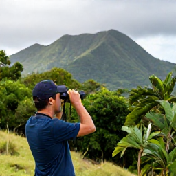 Caribbean Holidays, Montserrat Birdwatching, A birder with binoculars looking across lush green hills and forest on Montserrat, Caribbean island scenery