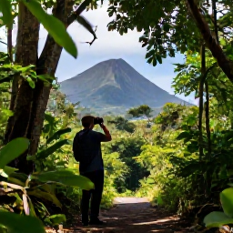 Caribbean Holidays, Montserrat Birdwatching, A birdwatcher using binoculars beside a shaded woodland path in Montserrat, surrounded by lush forest and distant volcanic hills