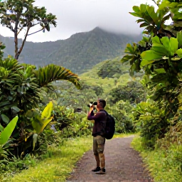 Caribbean Holidays, Montserrat Birdwatching, A birdwatcher with binoculars on a quiet forest trail in Montserrat, Caribbean, with lush green hills and tropical foliage