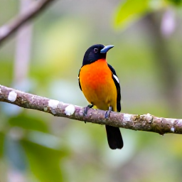 Caribbean Holidays, Montserrat Birdwatching, A colourful Montserrat oriole perched on a tropical branch in rainforest, with soft morning light and green foliage