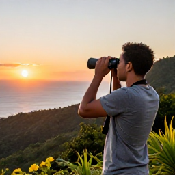Caribbean Holidays, Montserrat Birdwatching, A friendly small-group birdwatching tour in Montserrat at sunset, with binoculars, tropical hills and a calm Caribbean atmosphere