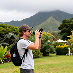 Caribbean Holidays, Montserrat Birdwatching, A friendly traveller recording bird sightings at a small eco-lodge in Montserrat, surrounded by tropical gardens and green hills