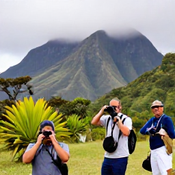 Caribbean Holidays, Montserrat Birdwatching, A guided birdwatching walk through Montserrat's Centre Hills, with tropical plants, volcanic slopes and visitors carrying binoculars