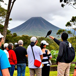 Caribbean Holidays, Montserrat Birdwatching, A knowledgeable local bird guide pointing towards a bird in Montserrat rainforest, with visitors watching quietly and volcanic scenery beyond