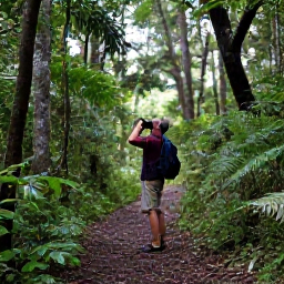 Caribbean Holidays, Montserrat Birdwatching, A lush Montserrat rainforest in July with a birdwatcher using binoculars beside a quiet woodland trail