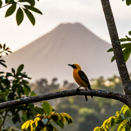 Caribbean Holidays, Montserrat Birdwatching, A Montserrat oriole perched on a branch in lush Caribbean forest, with soft morning light and volcanic mountains in the distance