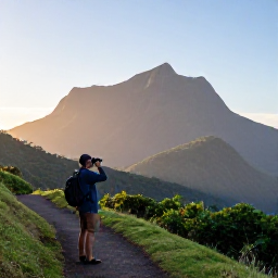Caribbean Holidays, Montserrat Birdwatching, A peaceful dawn view of Montserrat's green hills and forest, with a birdwatcher using binoculars beside a quiet trail