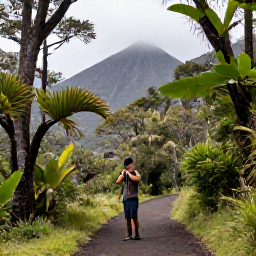 Caribbean Holidays, Montserrat Birdwatching, A quiet forest trail on Montserrat in February, with tropical trees, volcanic hills and a birder carrying binoculars
