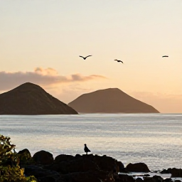 Caribbean Holidays, Montserrat Birdwatching, A quiet Montserrat coastal viewpoint at sunrise with seabirds overhead, volcanic hills in the distance and calm Caribbean water