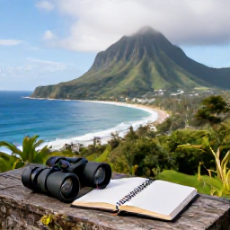 Caribbean Holidays, Montserrat Birdwatching, A relaxed February birdwatching morning in Montserrat, with binoculars, a notebook, tropical coastline and green volcanic scenery