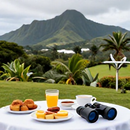 Caribbean Holidays, Montserrat Birdwatching, A relaxed outdoor breakfast near a Montserrat guesthouse, binoculars on the table, with green hills and tropical vegetation in the background