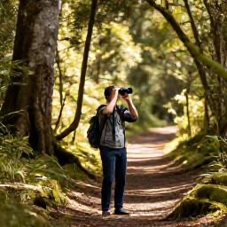 Caribbean Holidays, Montserrat Birdwatching, Birdwatcher with binoculars on a forest trail in Montserrat during a bright April morning