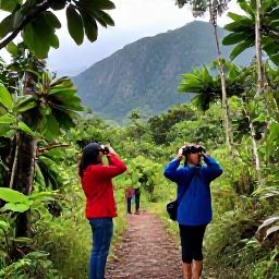 Caribbean Holidays, Montserrat Birdwatching, Birdwatchers exploring a shaded woodland trail in Montserrat, with binoculars, tropical trees and mountain scenery