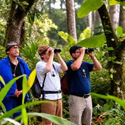 Caribbean Holidays, Montserrat Birdwatching, Birdwatchers exploring Montserrat&rsquo;s Centre Hills rainforest with binoculars, native plants, filtered sunlight and a knowledgeable local guide