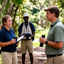Caribbean Holidays, Montserrat Birdwatching, Friendly local birdwatching guide speaking with visitors beside a Montserrat forest trail, binoculars and field guide visible