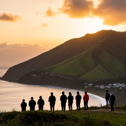 Caribbean Holidays, Montserrat Birdwatching, Golden April sunset over Montserrat&rsquo;s green hills and Caribbean coastline, with a small birdwatching group at a viewpoint