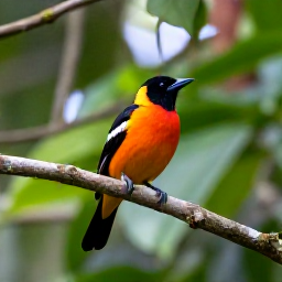 Caribbean Holidays, Montserrat Birdwatching, Montserrat oriole perched on a branch in a lush tropical forest, soft natural light and detailed Caribbean vegetation