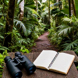 Caribbean Holidays, Montserrat Birdwatching, Quiet rainforest path in Montserrat with binoculars, field notebook and tropical birds hidden among the trees