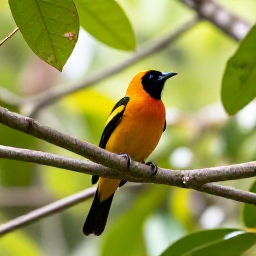 Caribbean Holidays, Montserrat Birdwatching, The Montserrat oriole perched on a branch in the island's tropical forest, with soft morning light and dense green leaves
