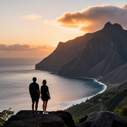 Caribbean Holidays, Montserrat Couples Holidays, A couple admiring a dramatic sunset over Montserrat&rsquo;s volcanic coastline from a scenic viewpoint