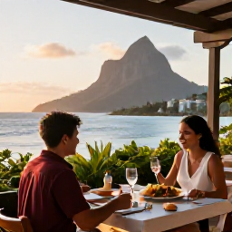 Caribbean Holidays, Montserrat Couples Holidays, A couple dining outdoors at a relaxed Montserrat restaurant at sunset, with local Caribbean food and sea views