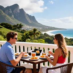 Caribbean Holidays, Montserrat Couples Holidays, A couple enjoying breakfast on a sunny terrace overlooking Montserrat&rsquo;s green hills and Caribbean coastline
