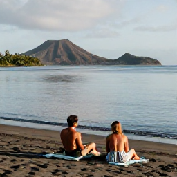 Caribbean Holidays, Montserrat Couples Holidays, A couple relaxing on a secluded black-sand beach in Montserrat with calm Caribbean water and volcanic hills in the distance