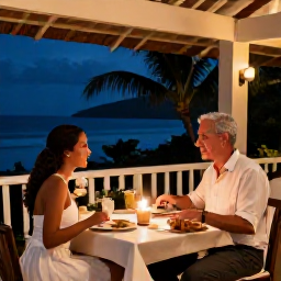 Caribbean Holidays, Montserrat Couples Holidays, A couple sharing a candlelit dinner at a welcoming Montserrat restaurant with local food and a tropical evening atmosphere
