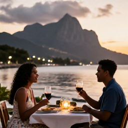 Caribbean Holidays, Montserrat Couples Holidays, A couple sharing dinner at a relaxed seaside restaurant in Montserrat at sunset
