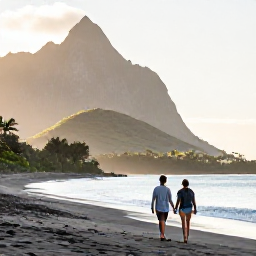 Caribbean Holidays, Montserrat Couples Holidays, A couple walking hand in hand along a quiet black-sand beach in Montserrat at sunrise, Caribbean scenery