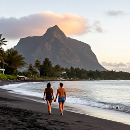 Caribbean Holidays, Montserrat Couples Holidays, A couple walking hand in hand along a quiet black-sand beach in Montserrat at sunset, Caribbean island scenery