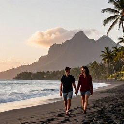 Caribbean Holidays, Montserrat Couples Holidays, A couple walking hand in hand along a quiet black-sand beach in Montserrat at sunset, tropical Caribbean scenery