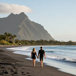 Caribbean Holidays, Montserrat Couples Holidays, A couple walking hand in hand along a quiet black-sand beach in Montserrat during warm November sunshine