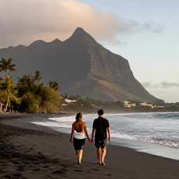 Caribbean Holidays, Montserrat Couples Holidays, A couple walking hand in hand along a quiet black volcanic sand beach in Montserrat, Caribbean, warm evening light