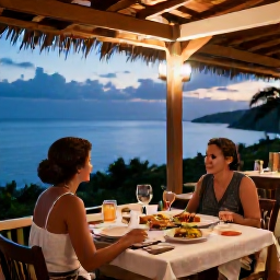 Caribbean Holidays, Montserrat Couples Holidays, Couple dining outdoors at a small Montserrat restaurant with fresh Caribbean food, warm evening light and relaxed island atmosphere