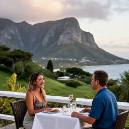 Caribbean Holidays, Montserrat Couples Holidays, Couple enjoying a romantic dinner on a terrace overlooking Montserrat's green hills and Caribbean coastline