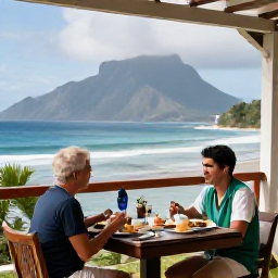 Caribbean Holidays, Montserrat Couples Holidays, Couple enjoying breakfast at a small seaside caf&eacute; in Montserrat with views across the Caribbean Sea