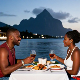 Caribbean Holidays, Montserrat Couples Holidays, Couple enjoying fresh seafood and rum drinks at a relaxed waterfront restaurant in Montserrat during the evening