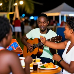 Caribbean Holidays, Montserrat Couples Holidays, Couple enjoying live music and local food at a friendly Montserrat festival gathering in February
